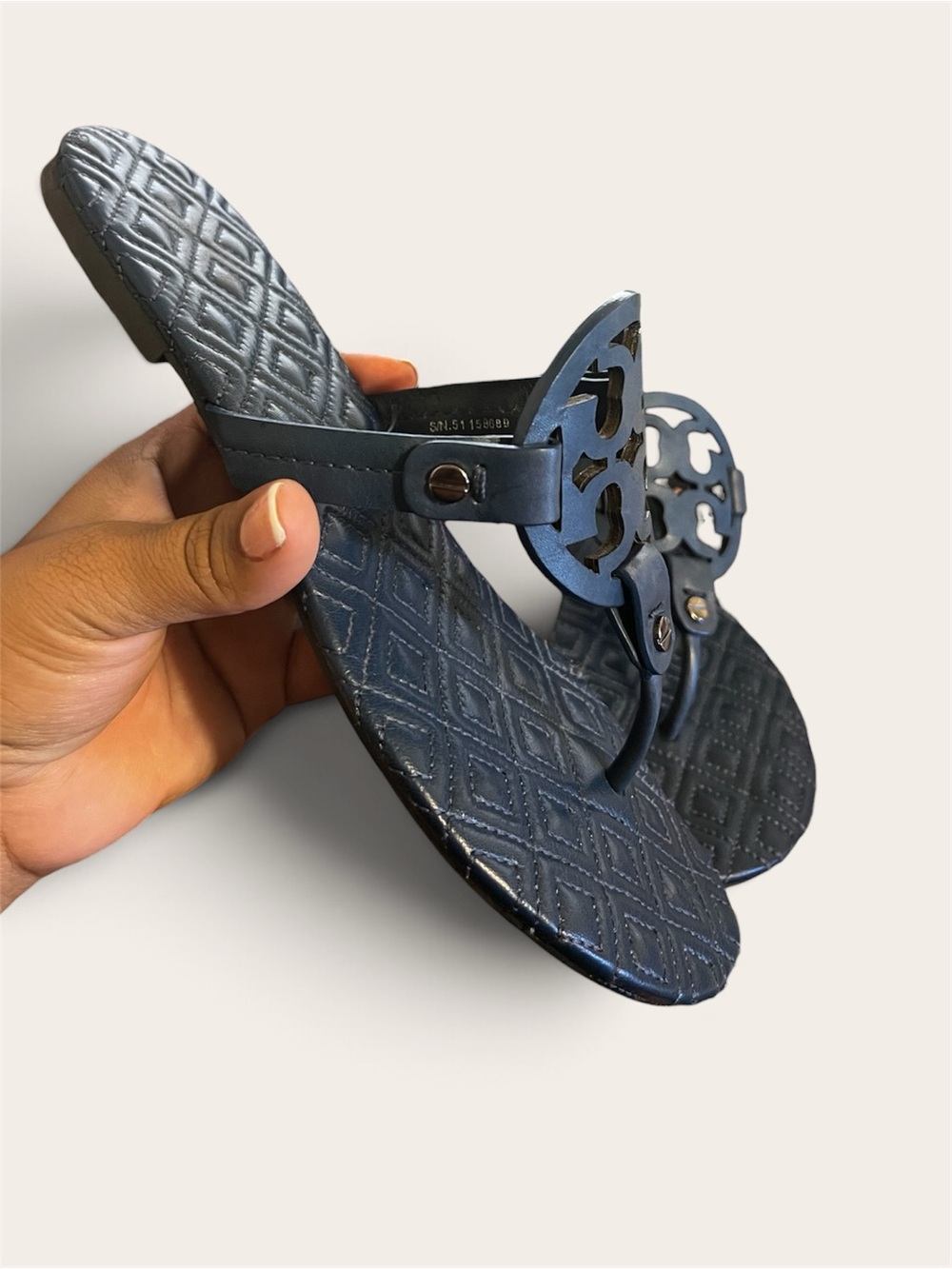 Tory Burch Navy Blue Miller Logo Quilted Thong Sandals